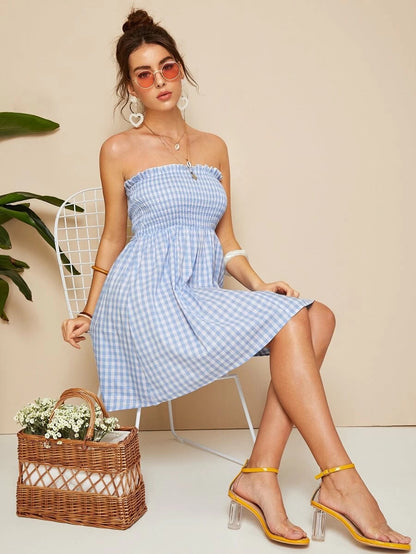 Frilled Trim Shirred Bodice Plaid Tube Dress Periwinkley Shop