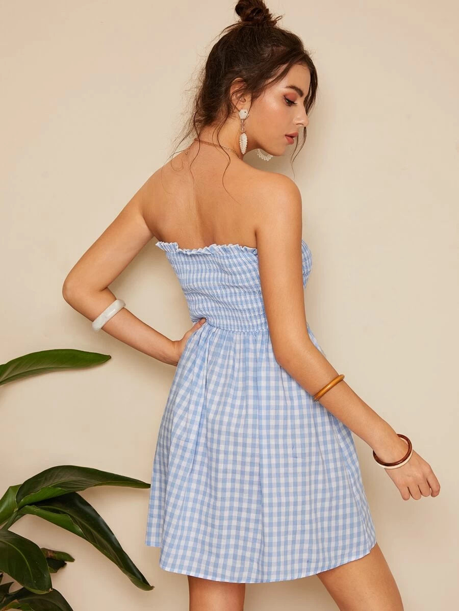 Frilled Trim Shirred Bodice Plaid Tube Dress Periwinkley Shop