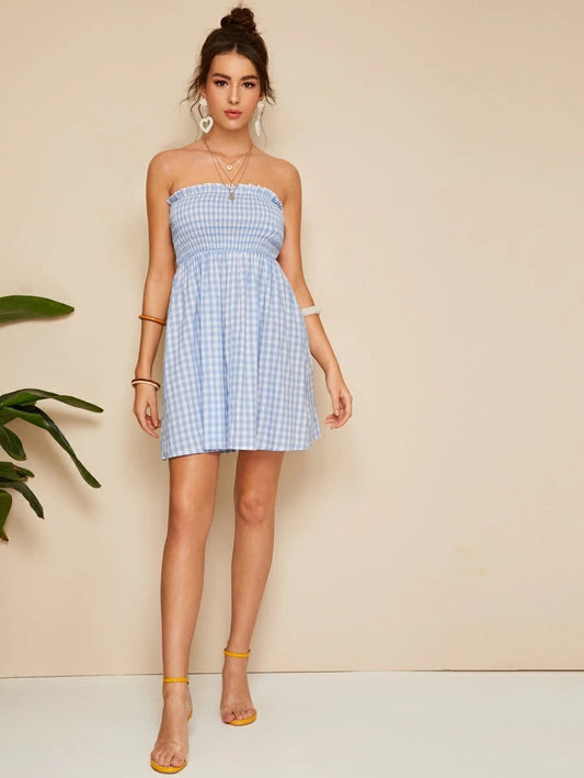 Frilled Trim Shirred Bodice Plaid Tube Dress Periwinkley Shop