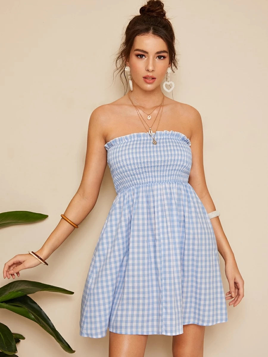 Frilled Trim Shirred Bodice Plaid Tube Dress Periwinkley Shop