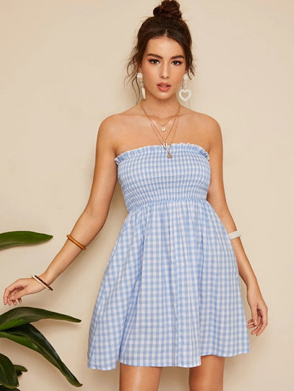 Frilled Trim Shirred Bodice Plaid Tube Dress Periwinkley Shop