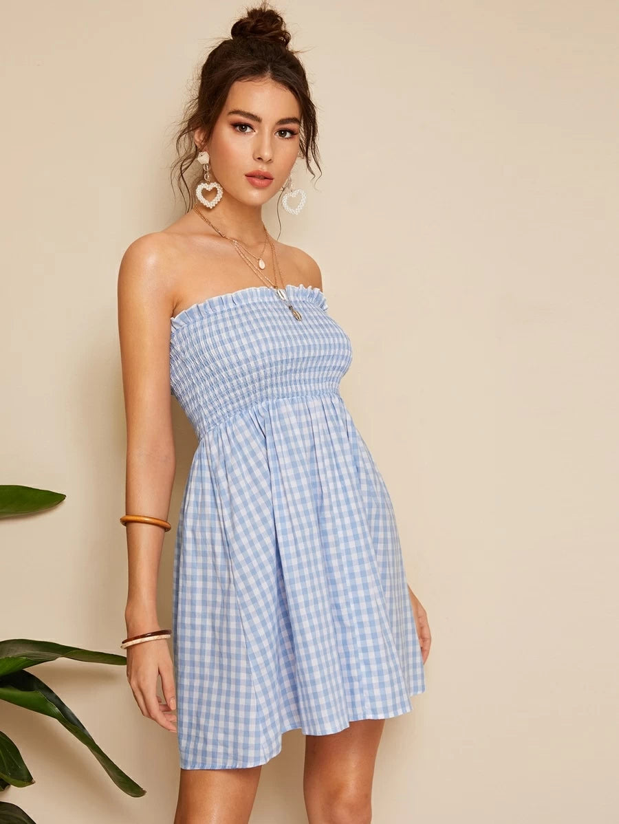Frilled Trim Shirred Bodice Plaid Tube Dress Periwinkley Shop