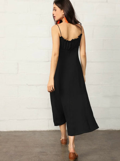 Frill Trim Ruched Bust Button Up Cami Dress Periwinkley Shop