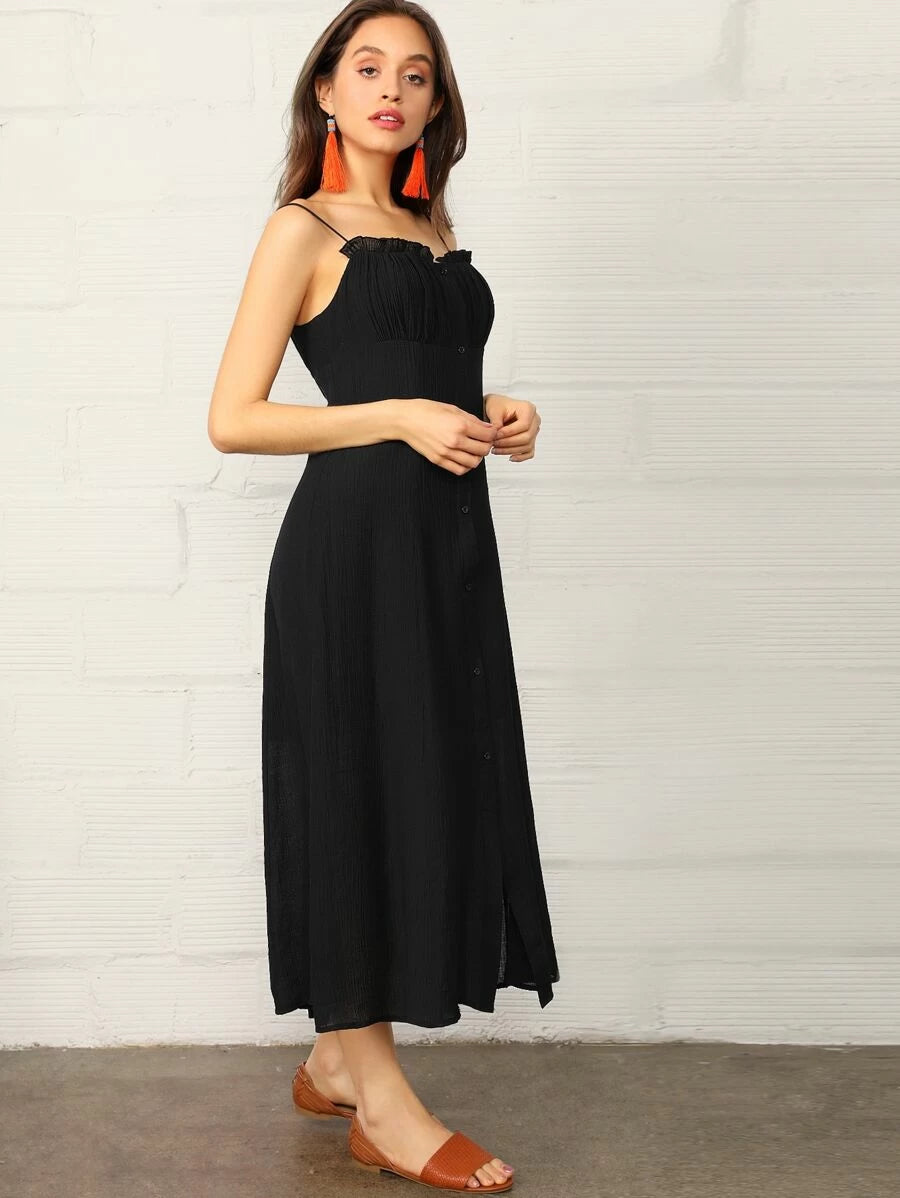 Frill Trim Ruched Bust Button Up Cami Dress Periwinkley Shop