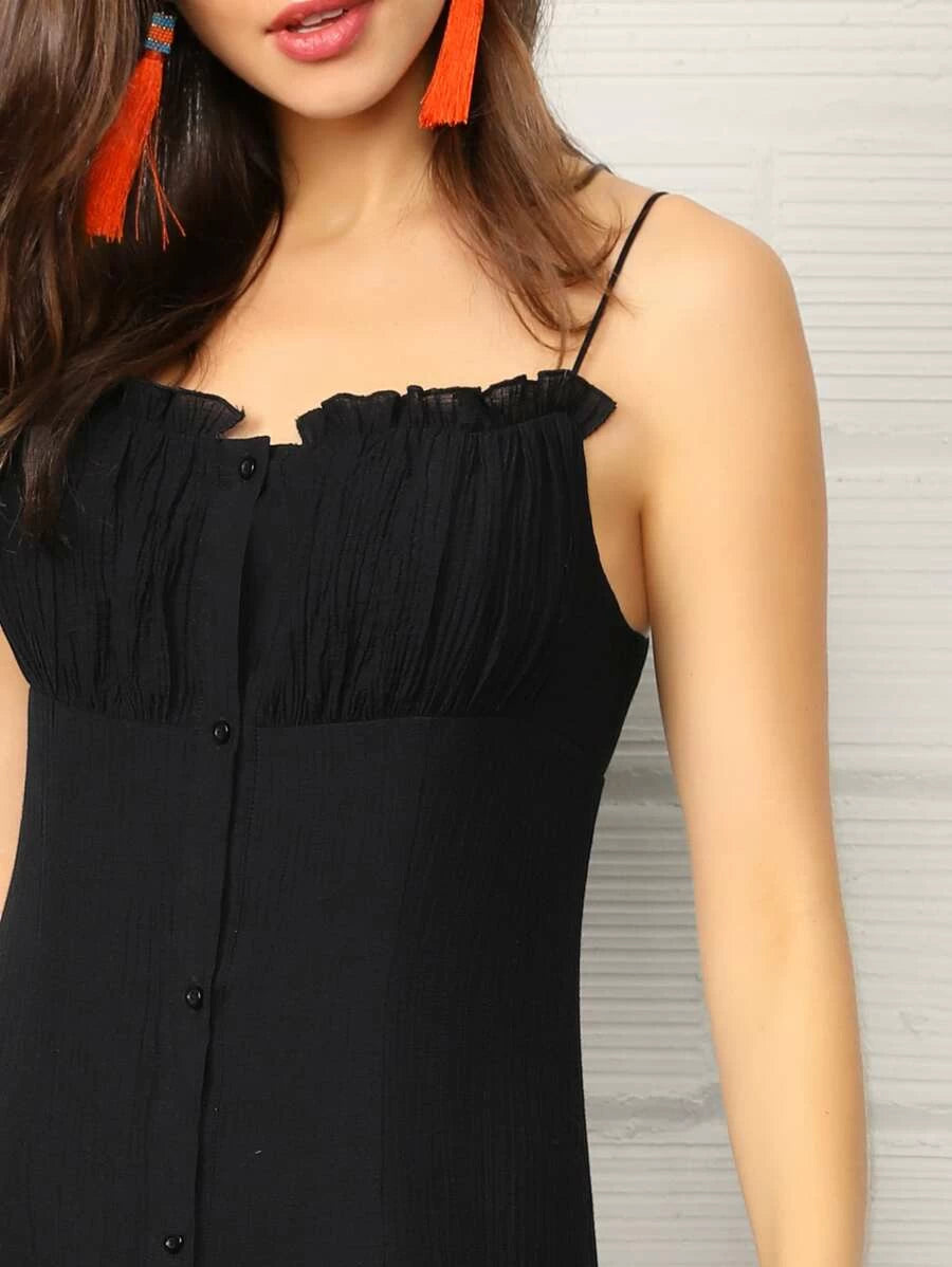 Frill Trim Ruched Bust Button Up Cami Dress Periwinkley Shop