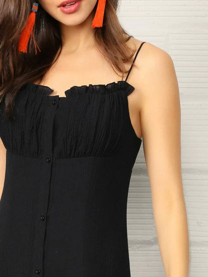 Frill Trim Ruched Bust Button Up Cami Dress Periwinkley Shop