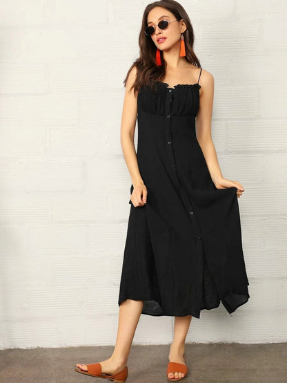 Frill Trim Ruched Bust Button Up Cami Dress Periwinkley Shop