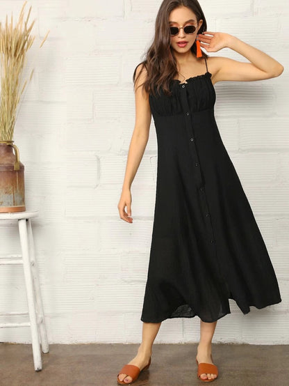 Frill Trim Ruched Bust Button Up Cami Dress Periwinkley Shop