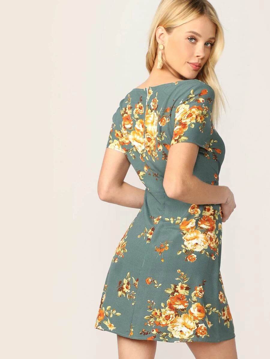 Zipper Back Square Neck Floral Print Dress Periwinkley Shop