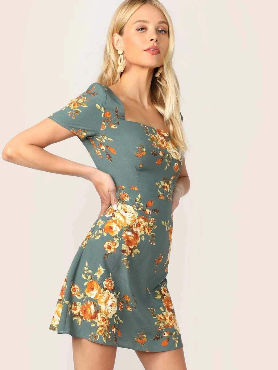 Zipper Back Square Neck Floral Print Dress Periwinkley Shop