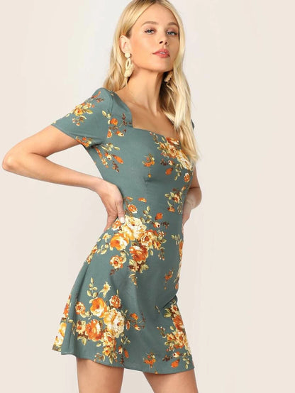 Zipper Back Square Neck Floral Print Dress Periwinkley Shop