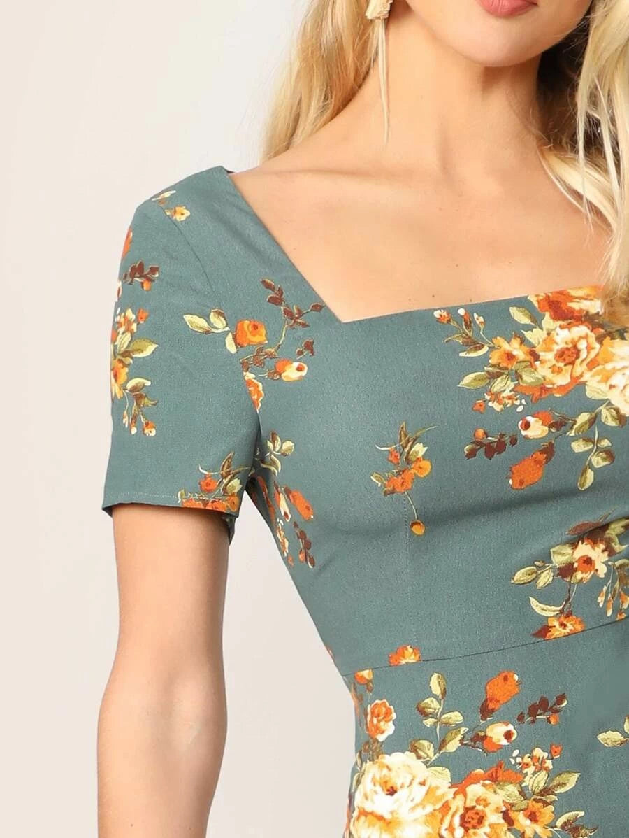Zipper Back Square Neck Floral Print Dress Periwinkley Shop