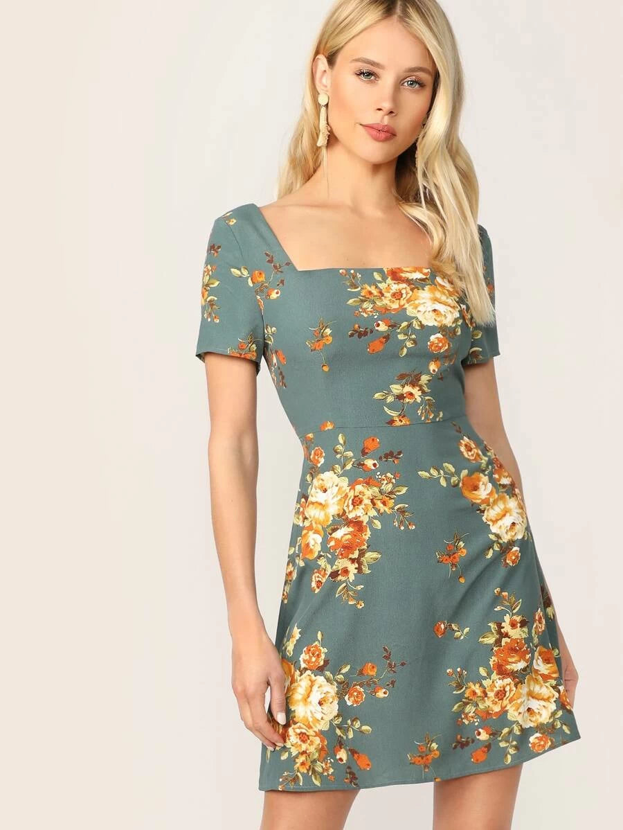 Zipper Back Square Neck Floral Print Dress Periwinkley Shop