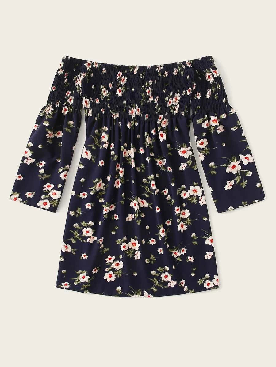 Ditsy Floral Shirred Off The Shoulder Dress Periwinkley Shop