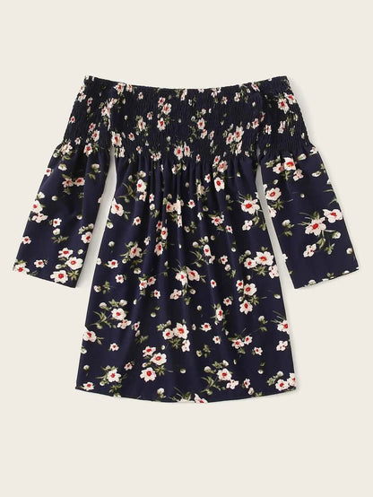 Ditsy Floral Shirred Off The Shoulder Dress Periwinkley Shop