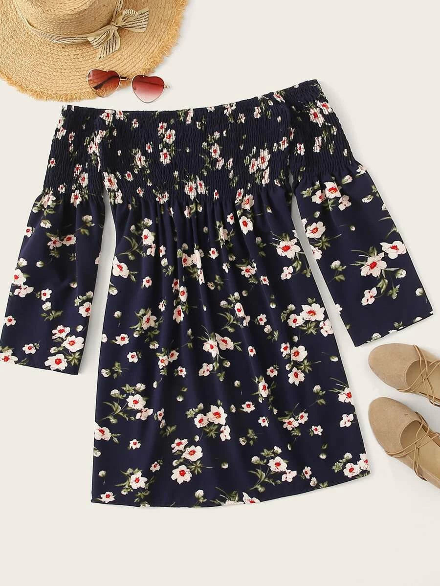 Ditsy Floral Shirred Off The Shoulder Dress Periwinkley Shop