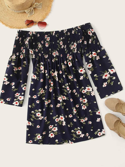 Ditsy Floral Shirred Off The Shoulder Dress Periwinkley Shop