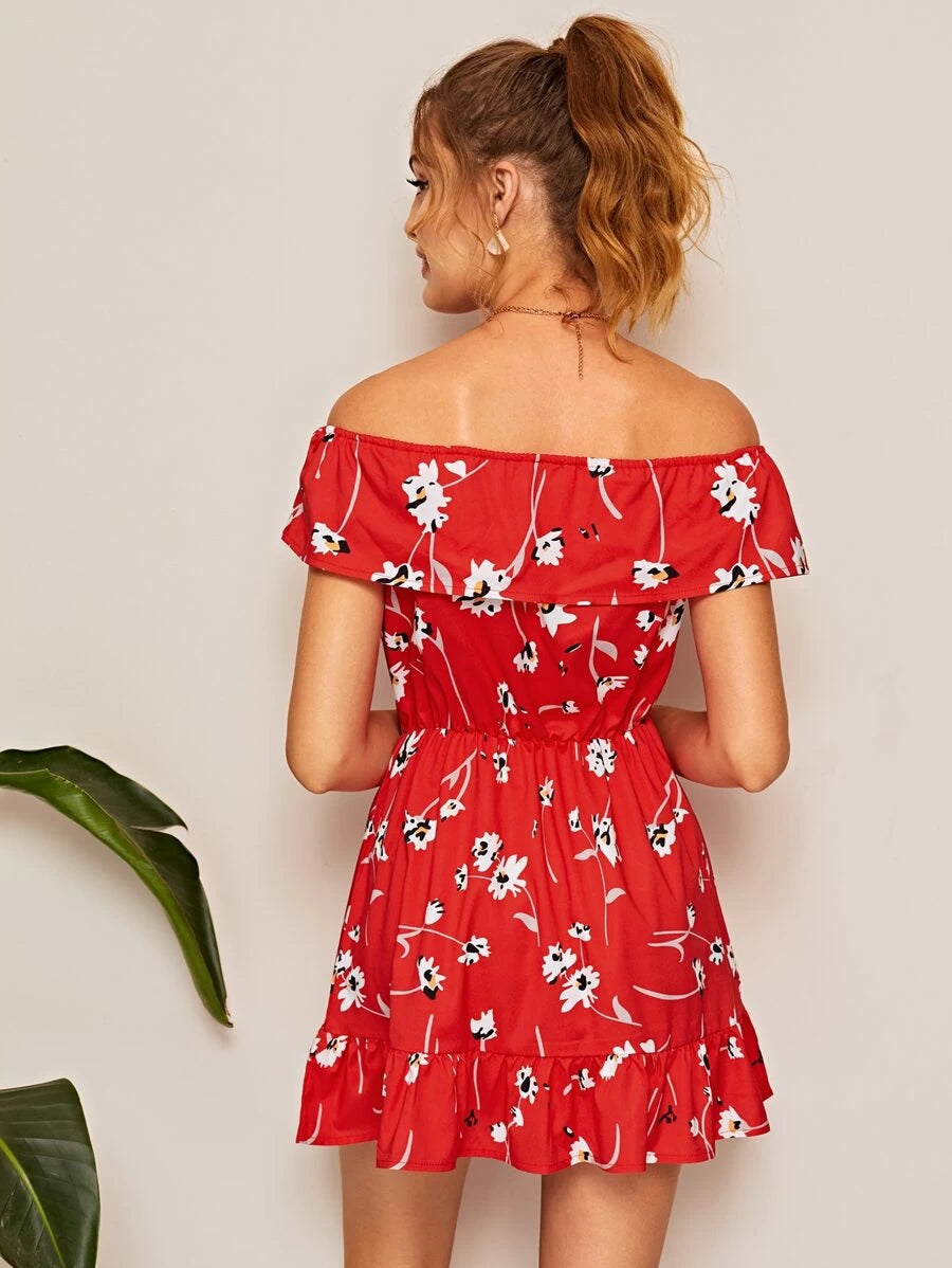 Floral Print Off The Shoulder Ruffle Hem Dress Periwinkley Shop