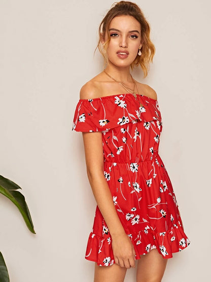 Floral Print Off The Shoulder Ruffle Hem Dress Periwinkley Shop