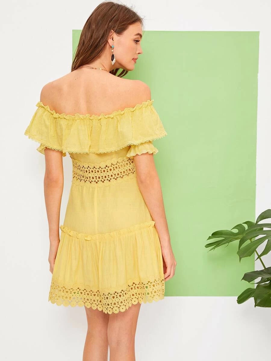 Off Shoulder Lace Insert Ruffle Trim Dress Periwinkley Shop