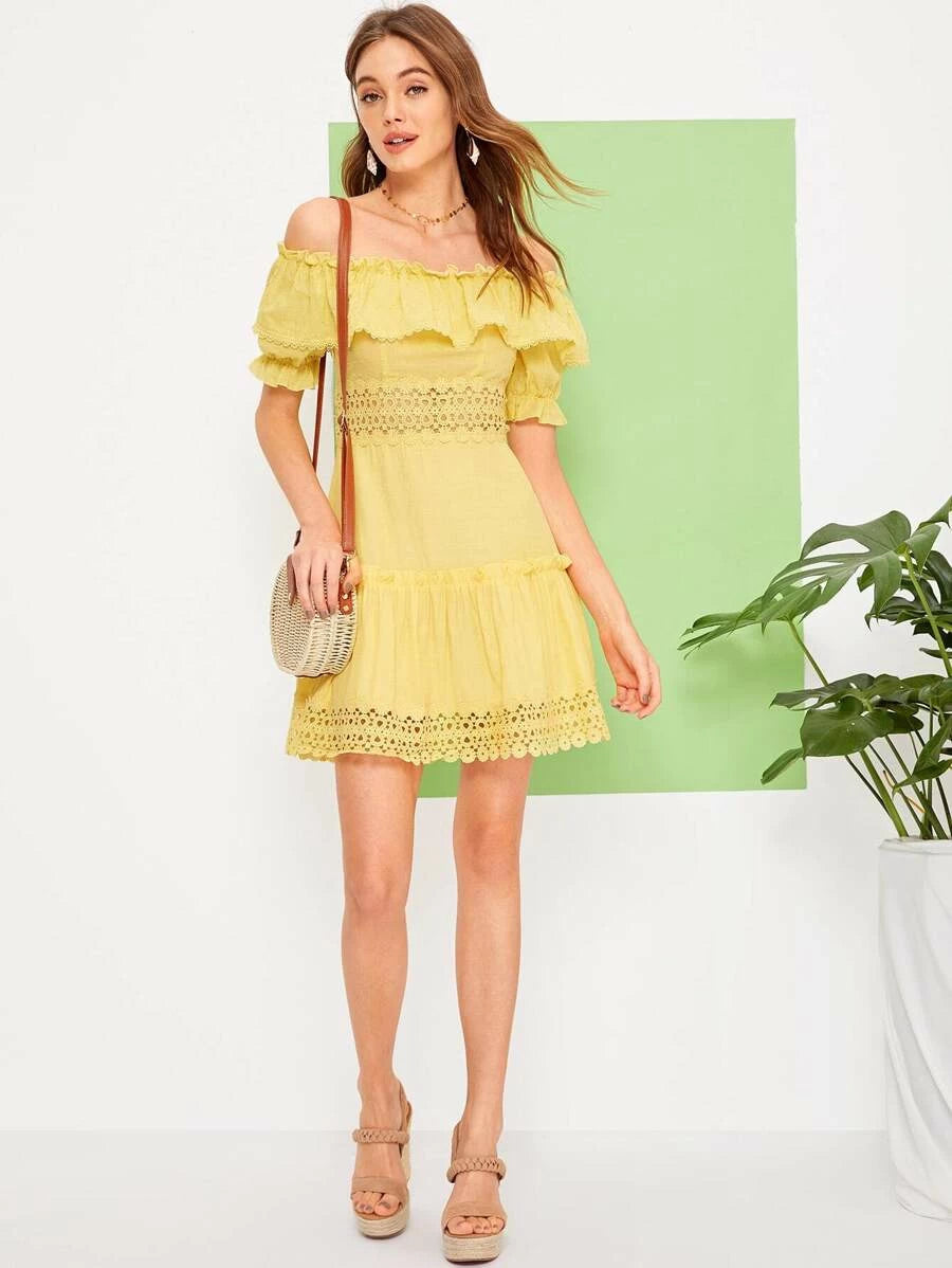 Off Shoulder Lace Insert Ruffle Trim Dress Periwinkley Shop
