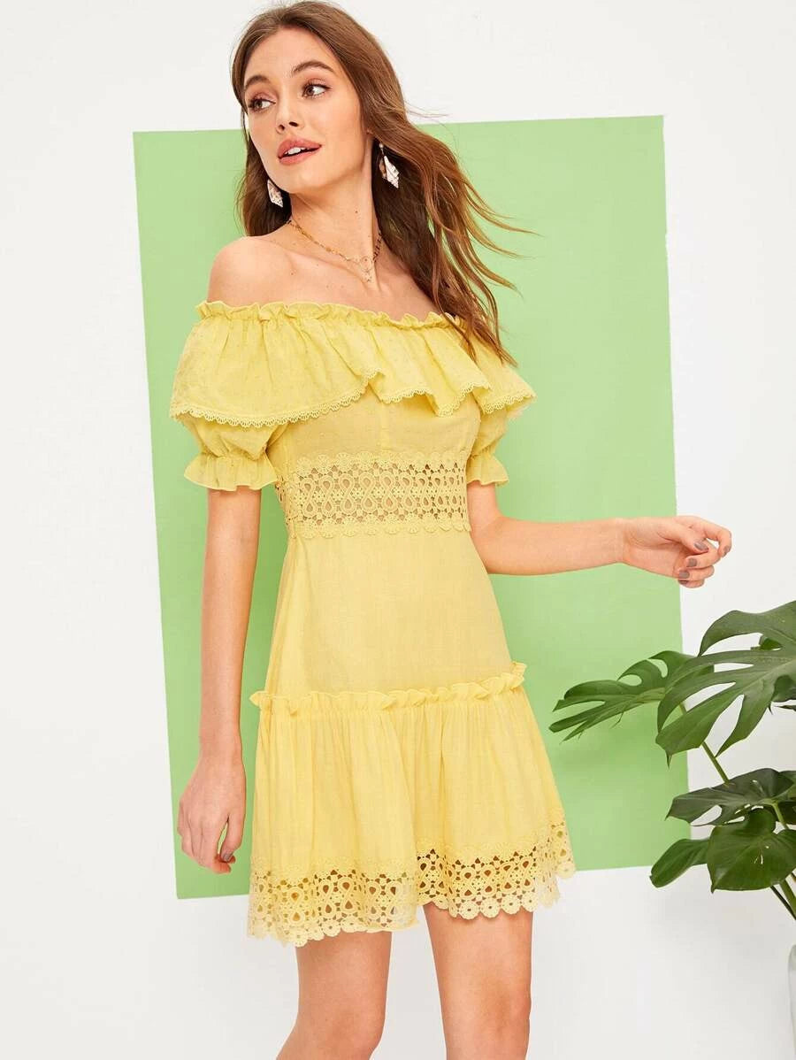 Off Shoulder Lace Insert Ruffle Trim Dress Periwinkley Shop