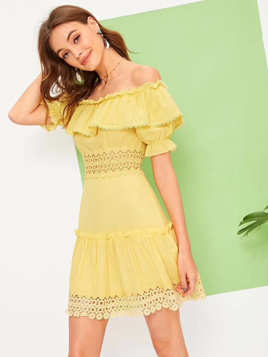 Off Shoulder Lace Insert Ruffle Trim Dress Periwinkley Shop