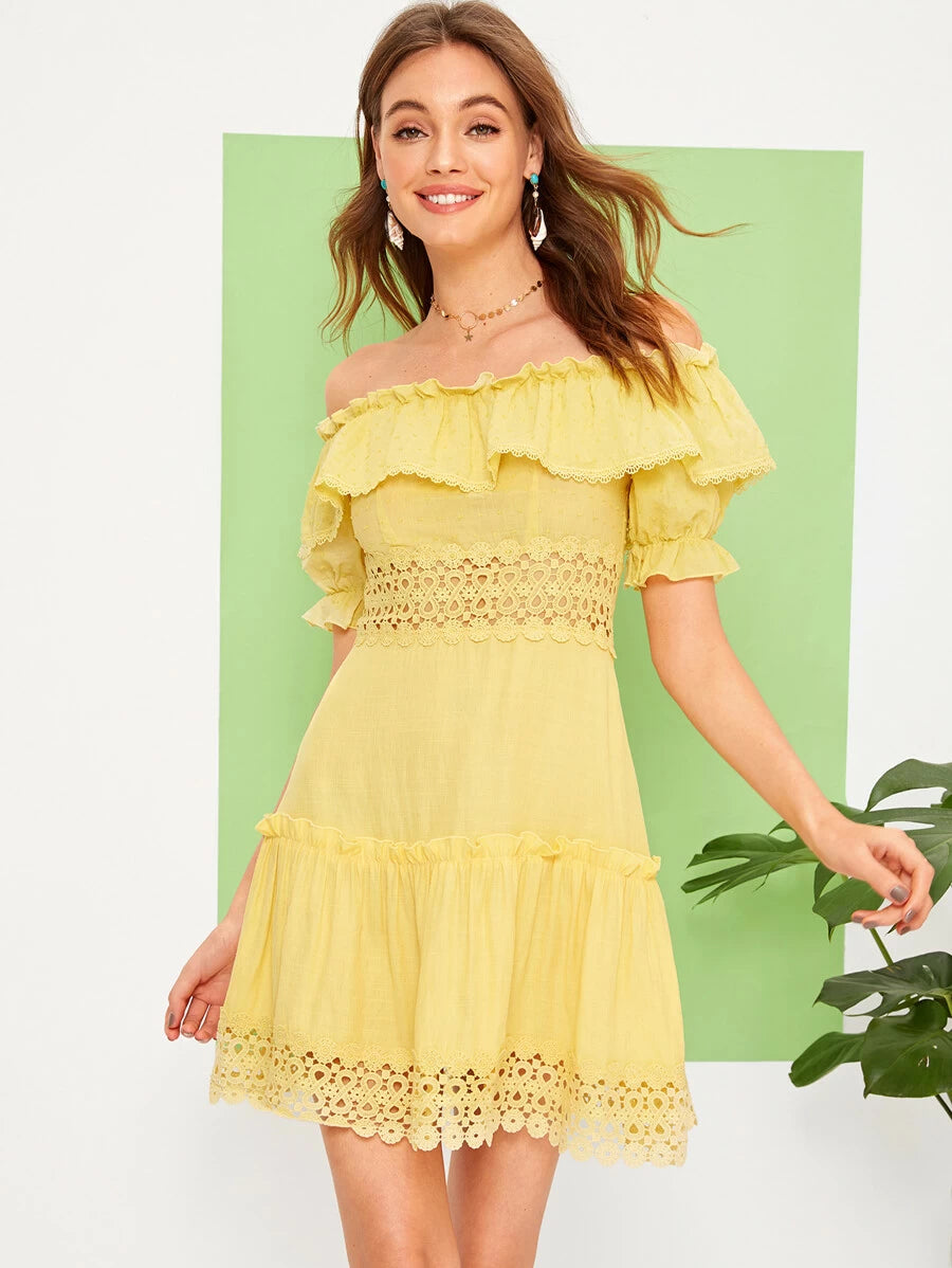 Off Shoulder Lace Insert Ruffle Trim Dress Periwinkley Shop