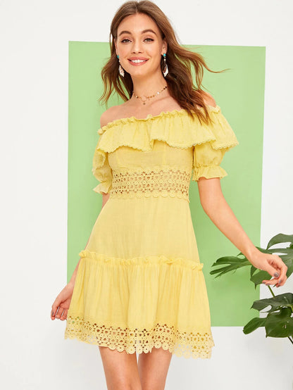 Off Shoulder Lace Insert Ruffle Trim Dress Periwinkley Shop