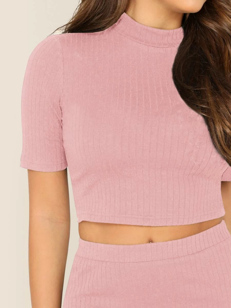 Mock-neck Rib-knit Crop Top and Bodycon Skirt Set Periwinkley Shop