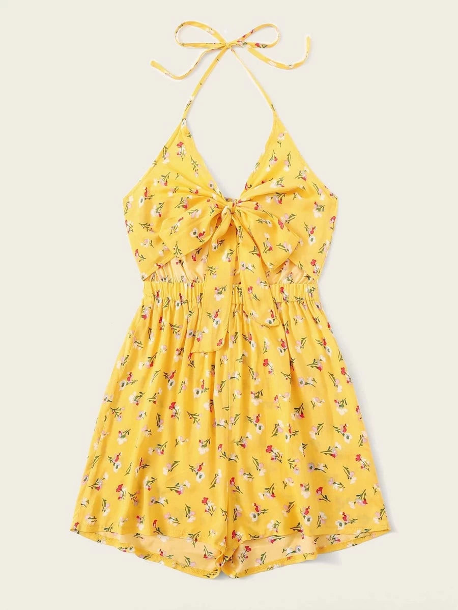 Ditsy Floral Knotted Front Peekaboo Halter Playsuit Periwinkley Shop