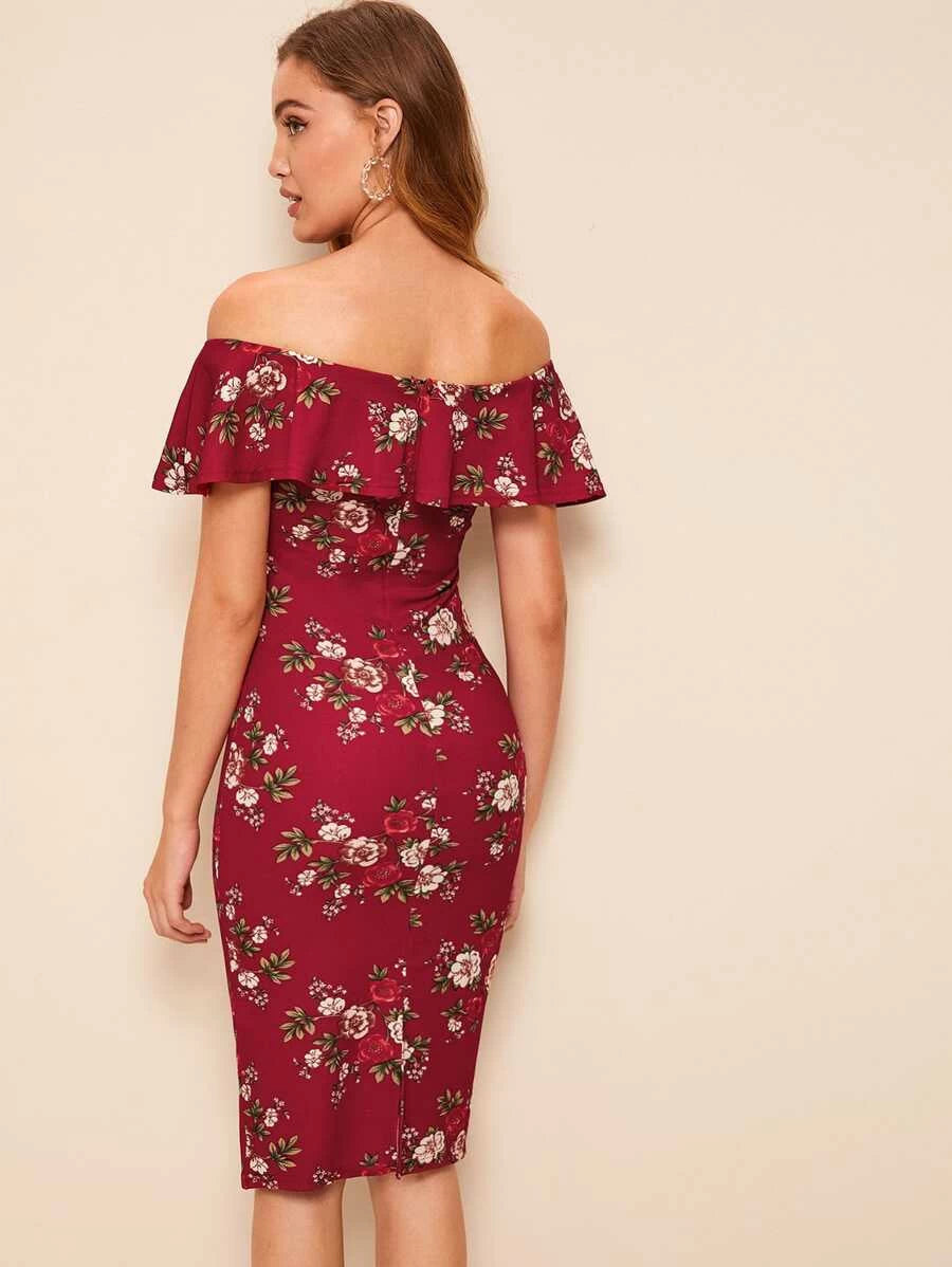 Floral Print Flounce Foldover Off Shoulder Pencil Dress Periwinkley Shop