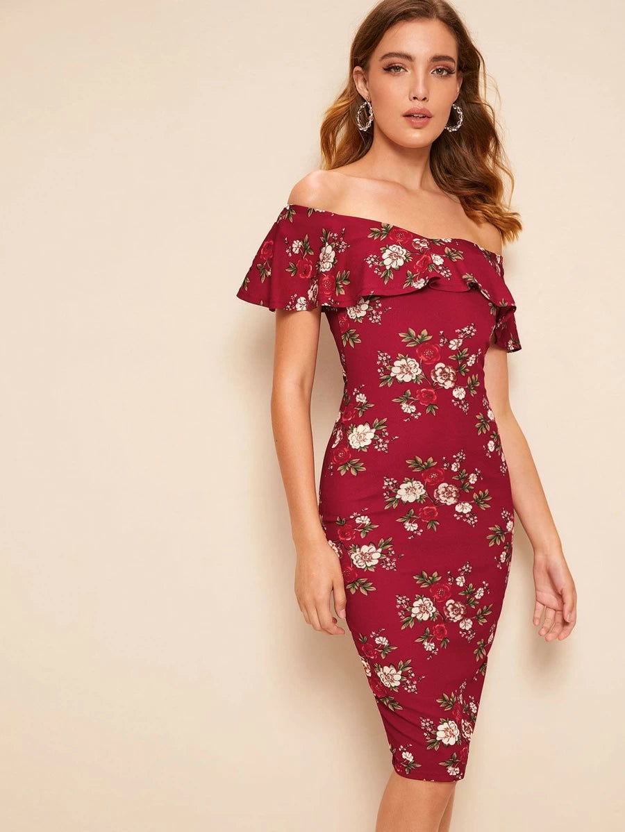 Floral Print Flounce Foldover Off Shoulder Pencil Dress Periwinkley Shop