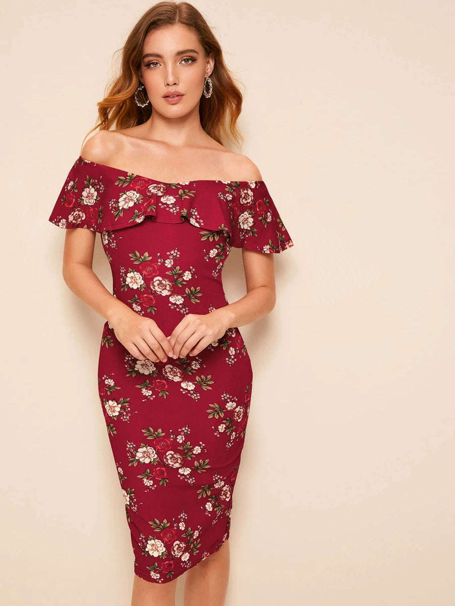 Floral Print Flounce Foldover Off Shoulder Pencil Dress Periwinkley Shop