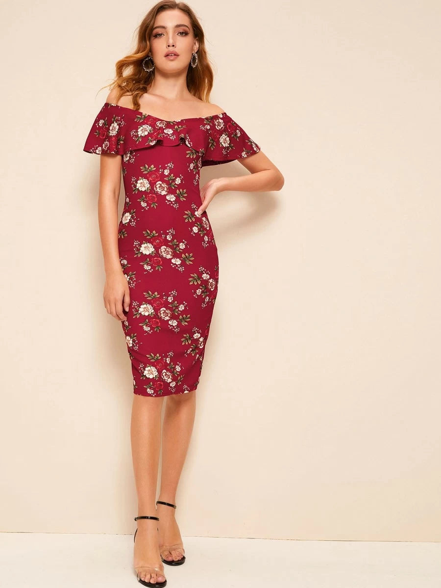 Floral Print Flounce Foldover Off Shoulder Pencil Dress Periwinkley Shop