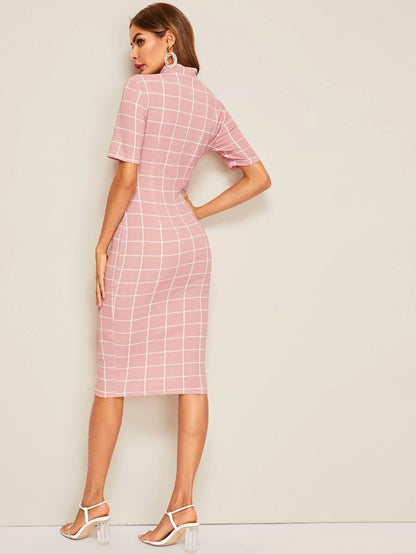 Mock-neck Grid Textured Pencil Dress Periwinkley Shop