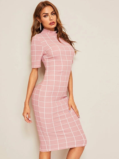 Mock-neck Grid Textured Pencil Dress Periwinkley Shop