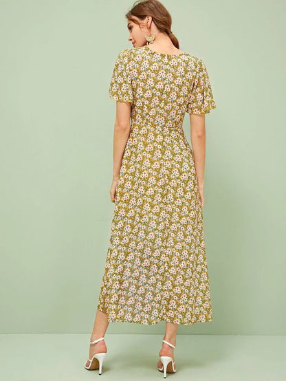 Single Breasted Split Hem Daisy Print Tea Dress Periwinkley Shop