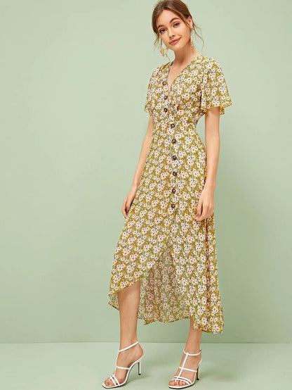 Single Breasted Split Hem Daisy Print Tea Dress Periwinkley Shop