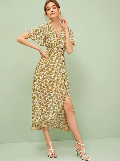Single Breasted Split Hem Daisy Print Tea Dress Periwinkley Shop