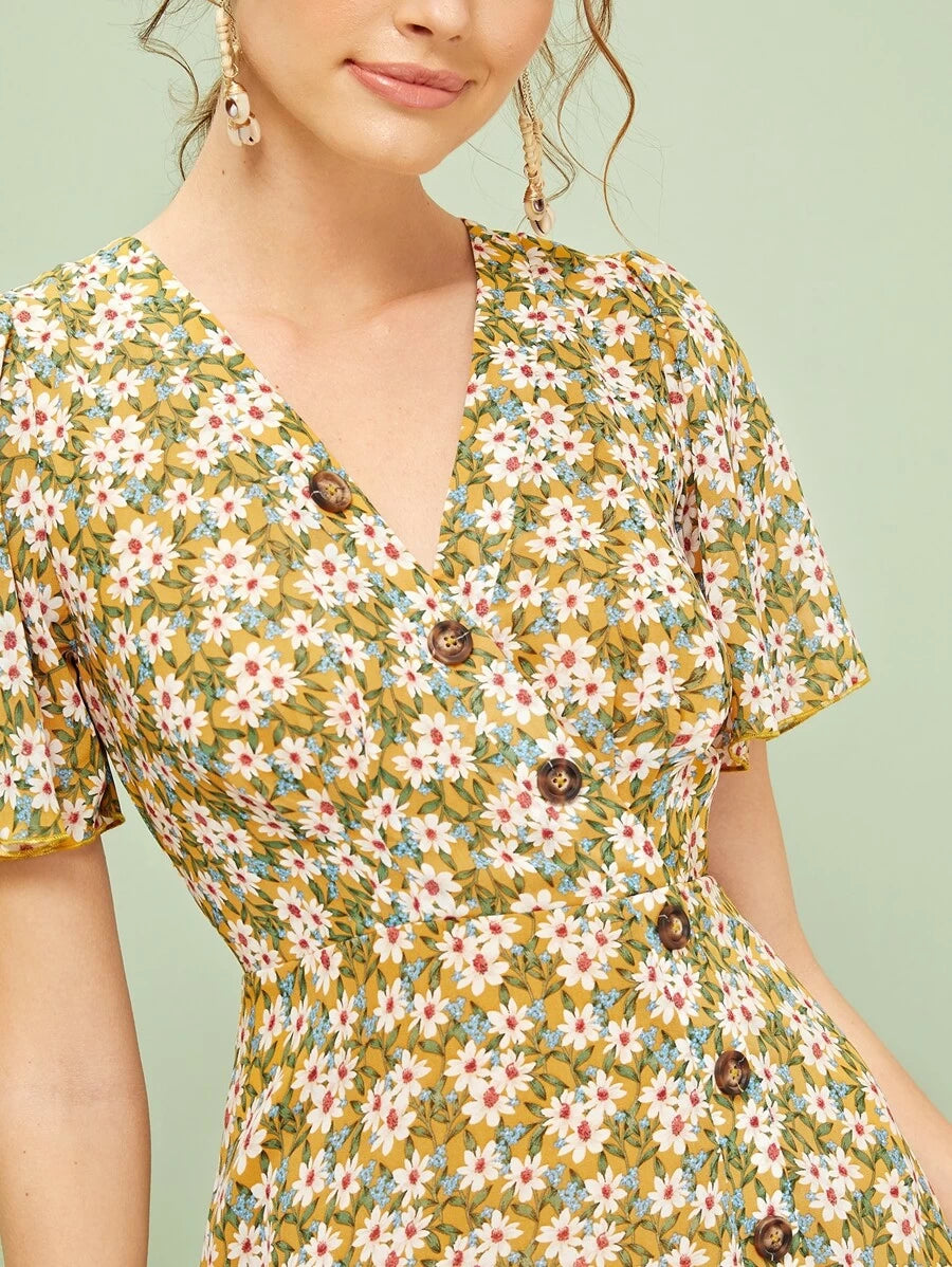 Single Breasted Split Hem Daisy Print Tea Dress Periwinkley Shop