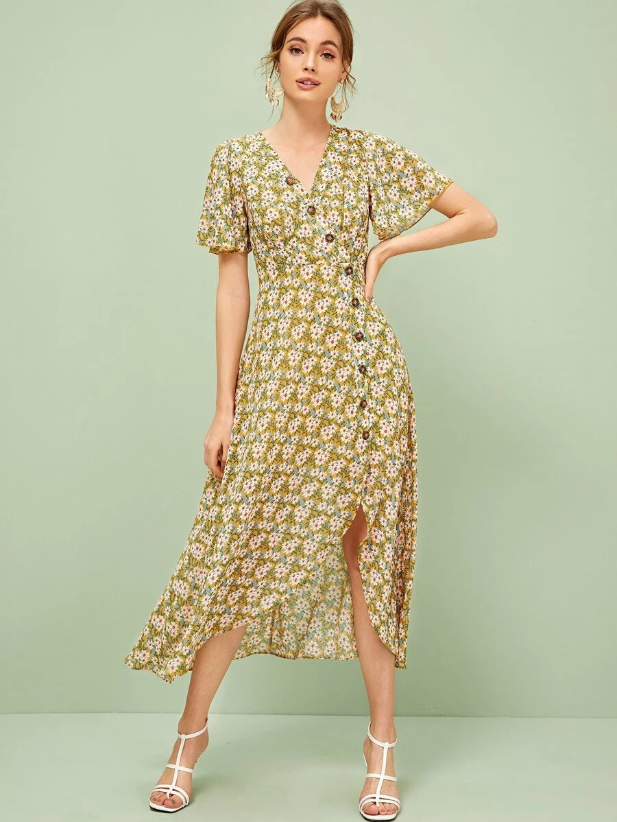 Single Breasted Split Hem Daisy Print Tea Dress Periwinkley Shop