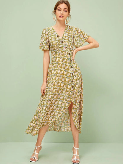 Single Breasted Split Hem Daisy Print Tea Dress Periwinkley Shop