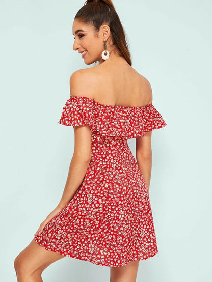 Ruffle Yoke Button Front Ditsy Floral Dress Periwinkley Shop