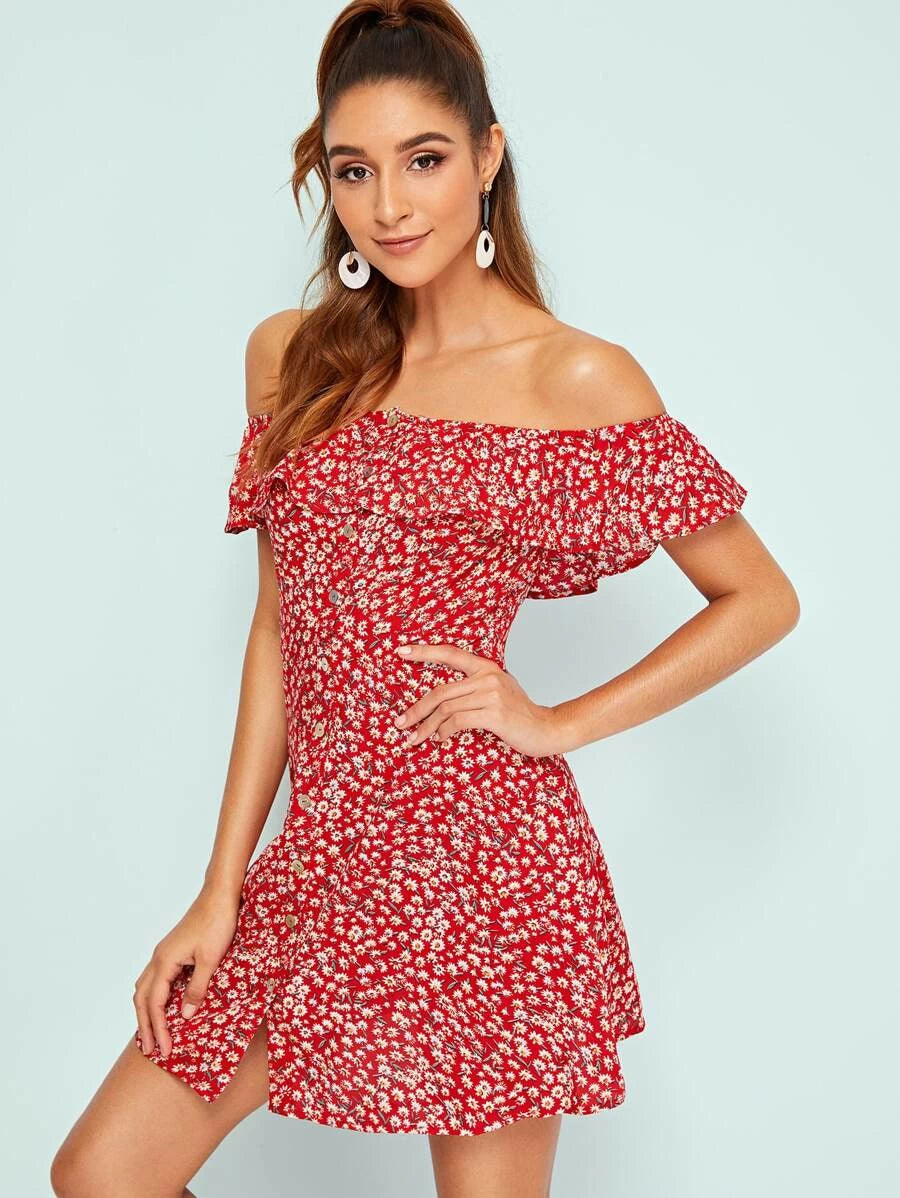 Ruffle Yoke Button Front Ditsy Floral Dress Periwinkley Shop