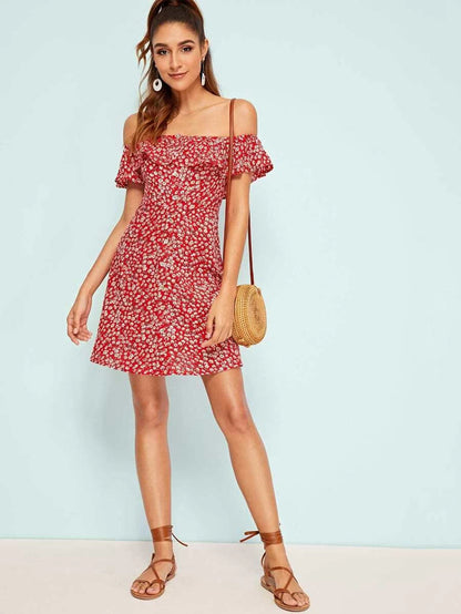 Ruffle Yoke Button Front Ditsy Floral Dress Periwinkley Shop