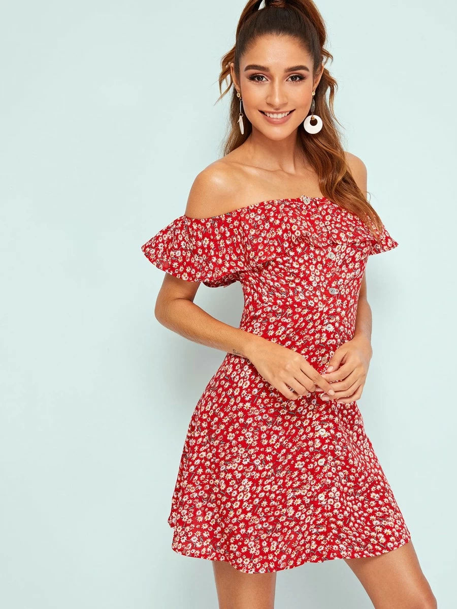 Ruffle Yoke Button Front Ditsy Floral Dress Periwinkley Shop
