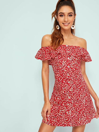 Ruffle Yoke Button Front Ditsy Floral Dress Periwinkley Shop