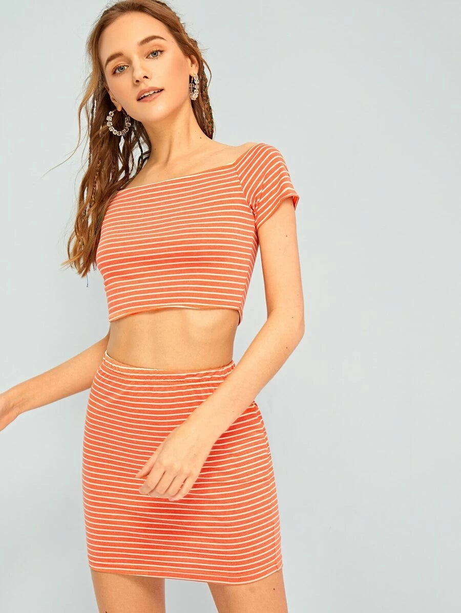 Striped Square Neck Crop Top With Skirt Periwinkley Shop