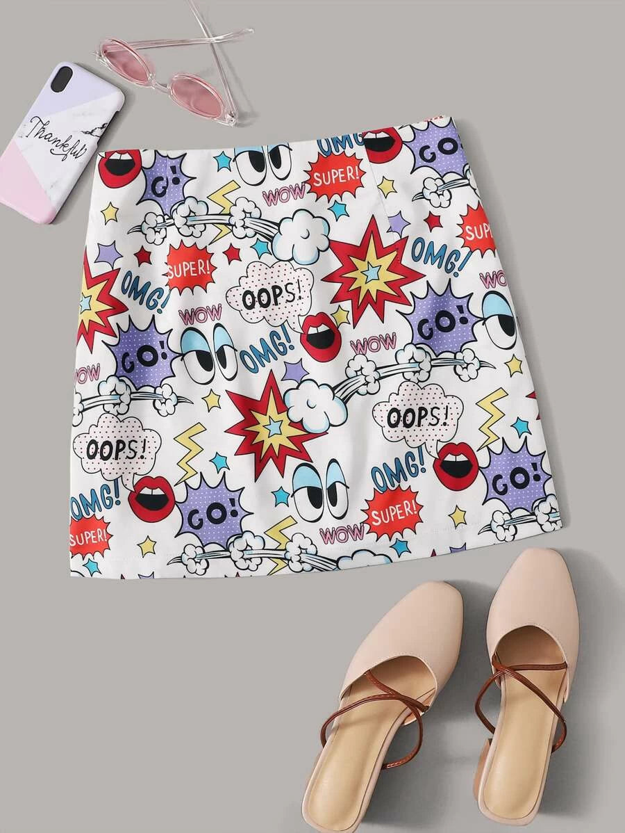 Allover Cartoon A-line Skirt Periwinkley Shop